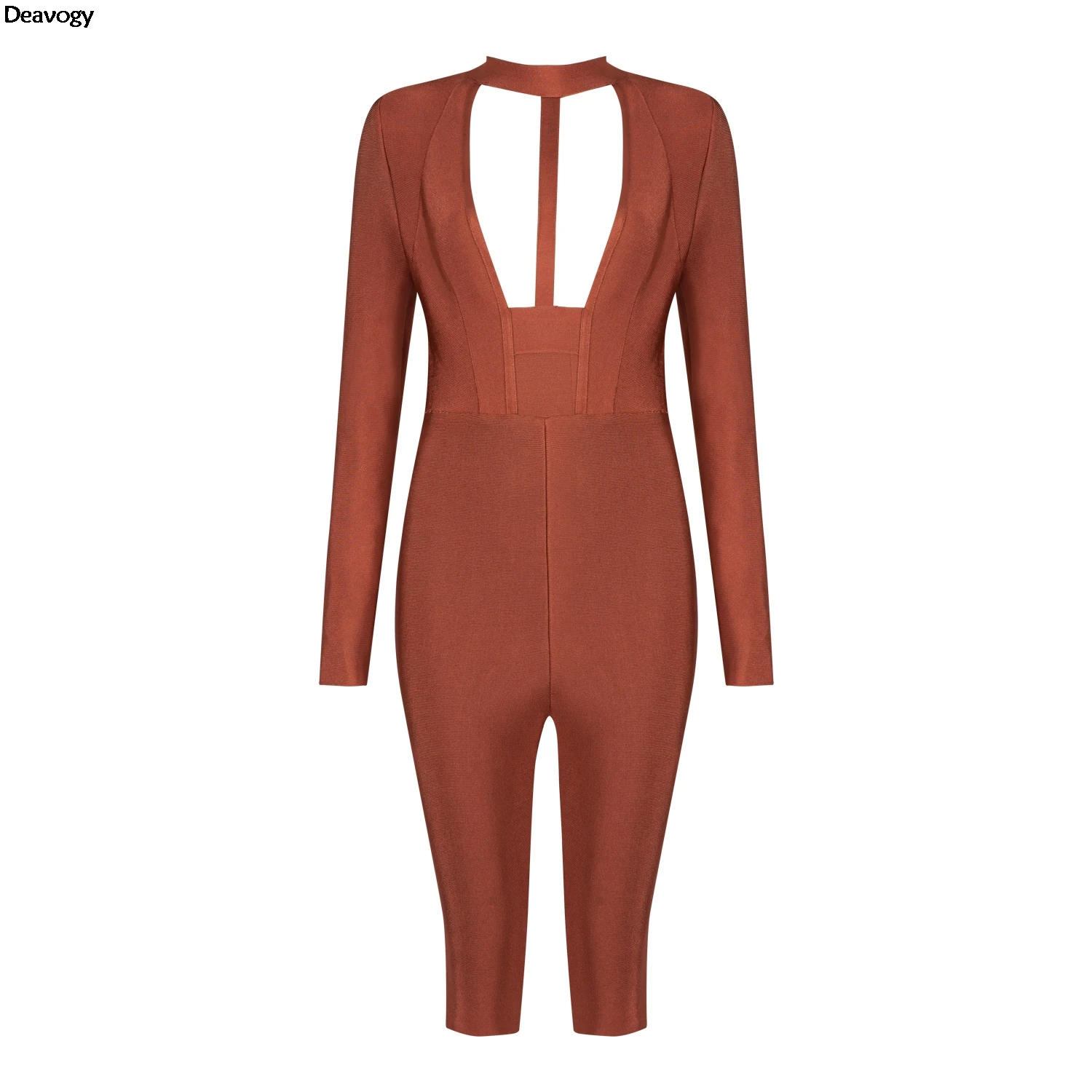 Deavogy 2016 Autumn New Brown O Neck Long Sleeves Cutout Bodycon Chic