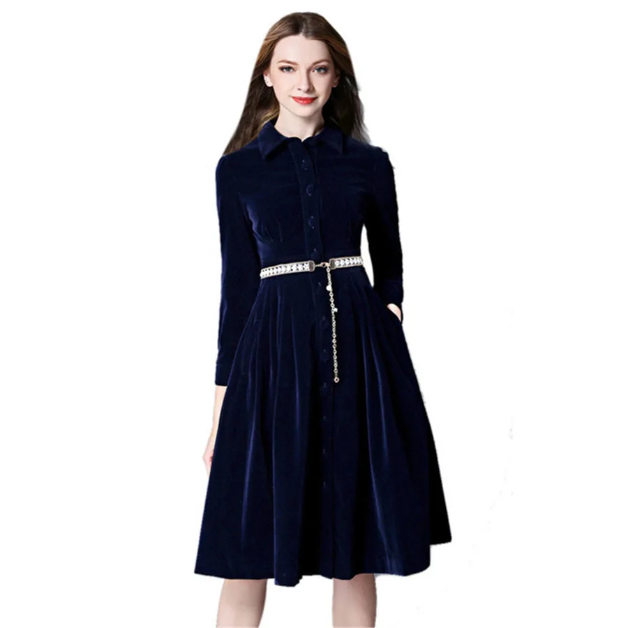 Runway 2018 Autumn Winter Dresses Women Velvet Dreses 3/4 Sleeve Turn ...