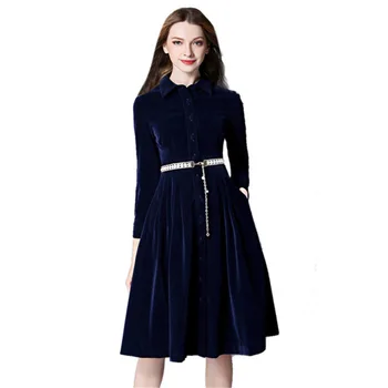 

Runway 2020 Autumn Winter Dresses Women Velvet Dreses 3/4 Sleeve Turn Down Collar Pockets Party Dresses Vestidos Belt Robe Femme