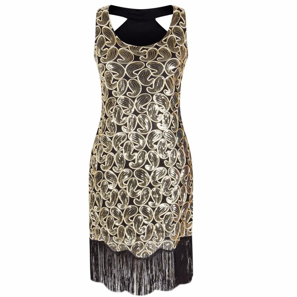 Frauen 1920 s pailletten paisley muster racerback flapper schwarz gold kleid sexy fringe great gatsby
