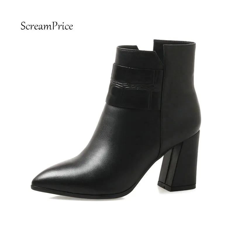 Female Genuine Leather Square Heel Ankle Boots Fashion Zipper Pointed Toe Women Fall Winter Bootie Black Red цена Female Genuine Leather Square Heel Ankle Boots Fashion Zipper Pointed Toe Women Fall Winter Bootie Black Red цены онлайн