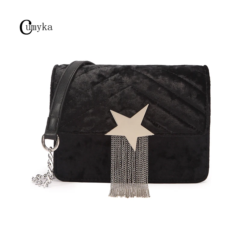 

CUMYKA Small Flap Tassel Bags For Women 2019 New Star Chain Velvet Fashion Shoulder Crossbody Bag Mini Vintage PU Corduroy Lady