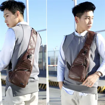 

Mens Shoulder Bag Sling Chest Pack Crocodile Leather USB Charge Sport Handbag