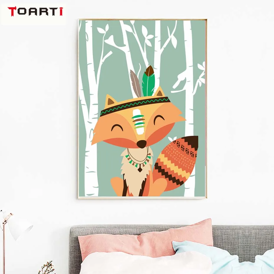 Woodland Fox Cartoon Animals Art Murals Poster&Prints Canvas Painting Kids Bedroom For Christmas Gift Picture Modern Home Decor (4)