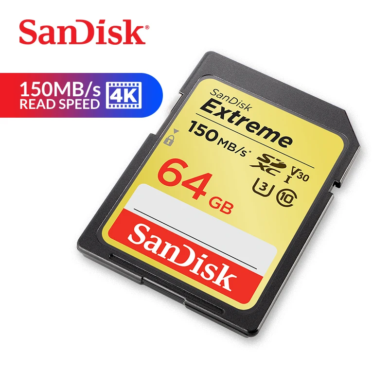 Двойной Флеш-накопитель SanDisk Memory Card Extreme SDXC SD Card 64 Гб C10 U3 V30 150 МБ/с. читать Скорость UHS-I в формате 4K UHD, для Камера(SDSDXV6-064G-ZNCIN