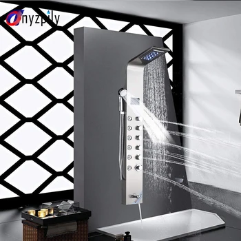 

Black/Brushed Nickel Shower Panel LED Bathroom Bath Shower Column Tower Digital Screen Waterfall Rain shower Mixers Massage Jets