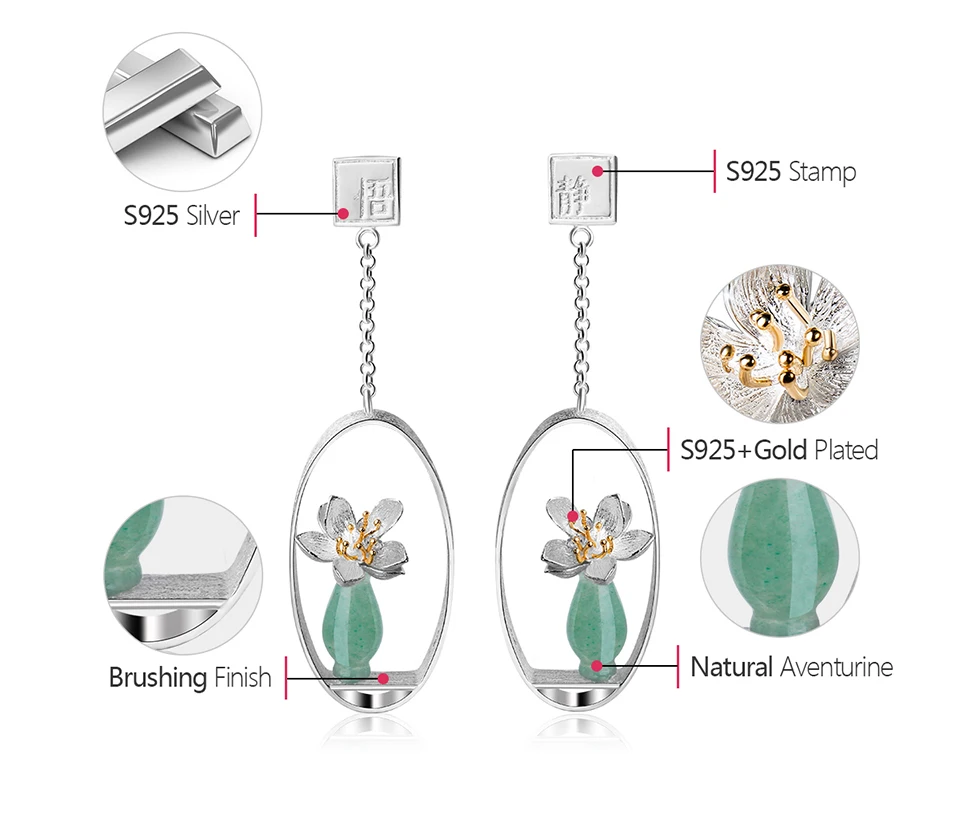 Muduh Collection Real 925 Sterling Silver Natural Stone Creative Handmade Fine Jewelry Lotus Whispers Drop Earrings for Women Brincos