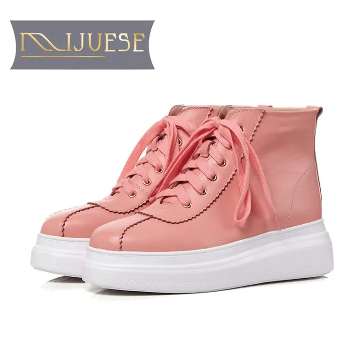 

MLJUESE 2019 women ankle boots cow leather pink color lace up winter short plush women platform female boots women size 34-40
