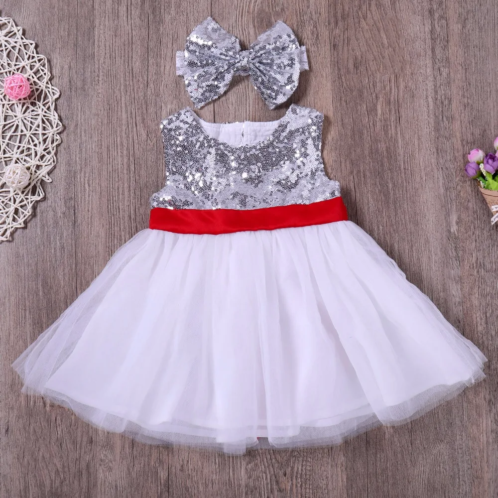 

Cute baby girl dress 2018 sleeveless silver bling sequin pitchwork tulle backless baby girl dress with bowknot headband
