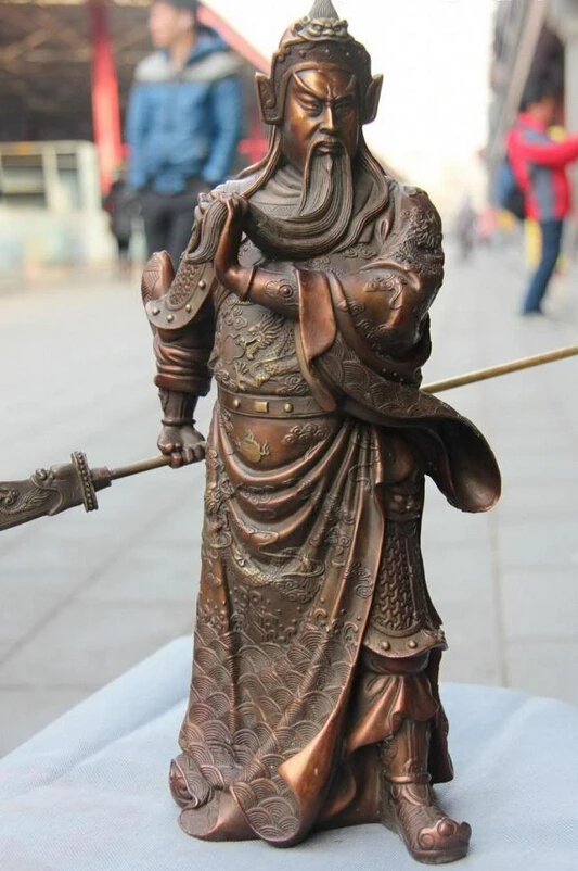 

Collectible bronze lion statue S0293 Classic Copper Bronze Feng Shui Dragon Guan Gong GuanYu Hold Dragon Sword Statue B0403