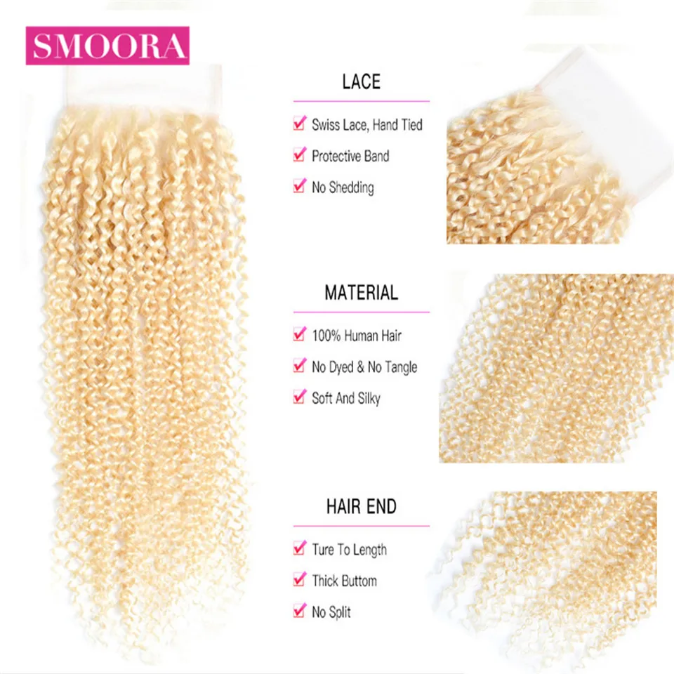 Smoora Remy Hair Brazilian Kinky Curly Hair 4 Bundles With Closure 613 Blonde Color Human Hair With 4x4 Transparent Lace Closure Smoora Remy Hair Brazilian Kinky Curly Hair 4 Bundles With Closure 613 Blonde Color Human Hair With 4x4 Transparent Lace Closure