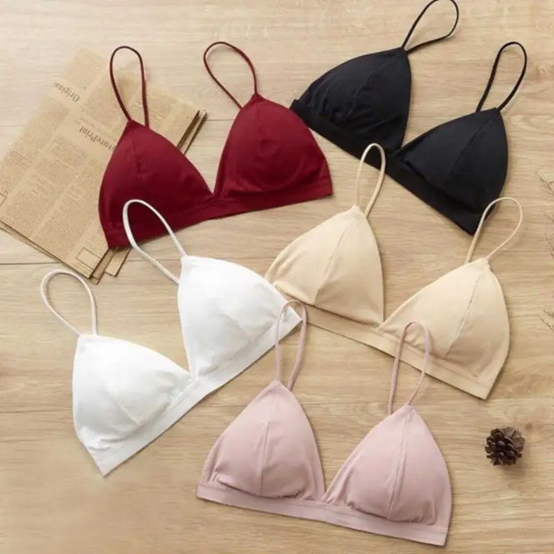 

Women French Style Sexy V-Neck Spaghetti Strap Triangle Bra Ribbed Knit Solid Color Underwear Bralette Seamless Padded Brassiere