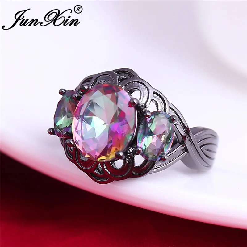 JUNXIN Mystical Fire Birthstone Antique Rings For Women Men Black Gold Oval Rainbow Zircon Big Wedding Finger Ring Female Male