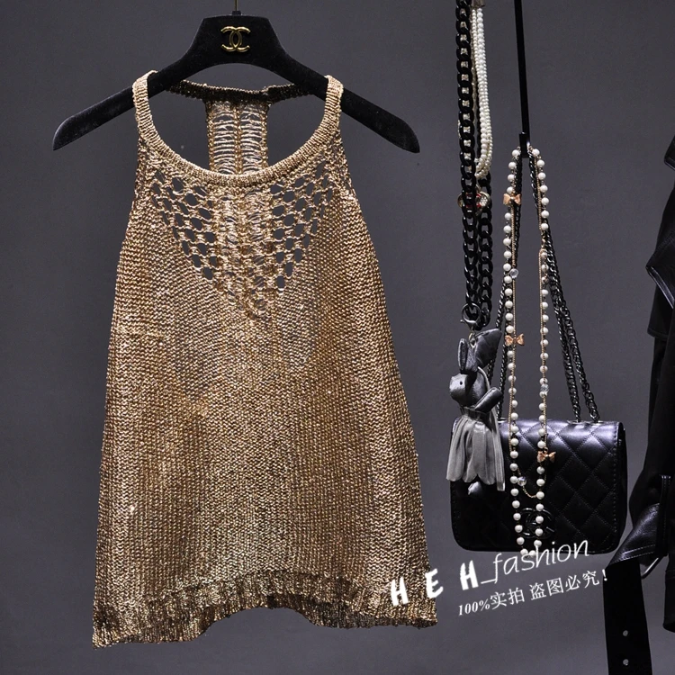 

Cakucool Gold Lurex tank Top Women Halter Backless Sexy vintage knit Camis top khaki Hollow out Shiny Sequin Tank Camisole Femme