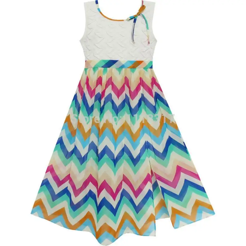 Girls Dress Lace Bodice Multicolor Wave Rainbow Striped 2020 Summer Princess Wedding Party Dresses Girl Clothes Size 7-14 | Детская