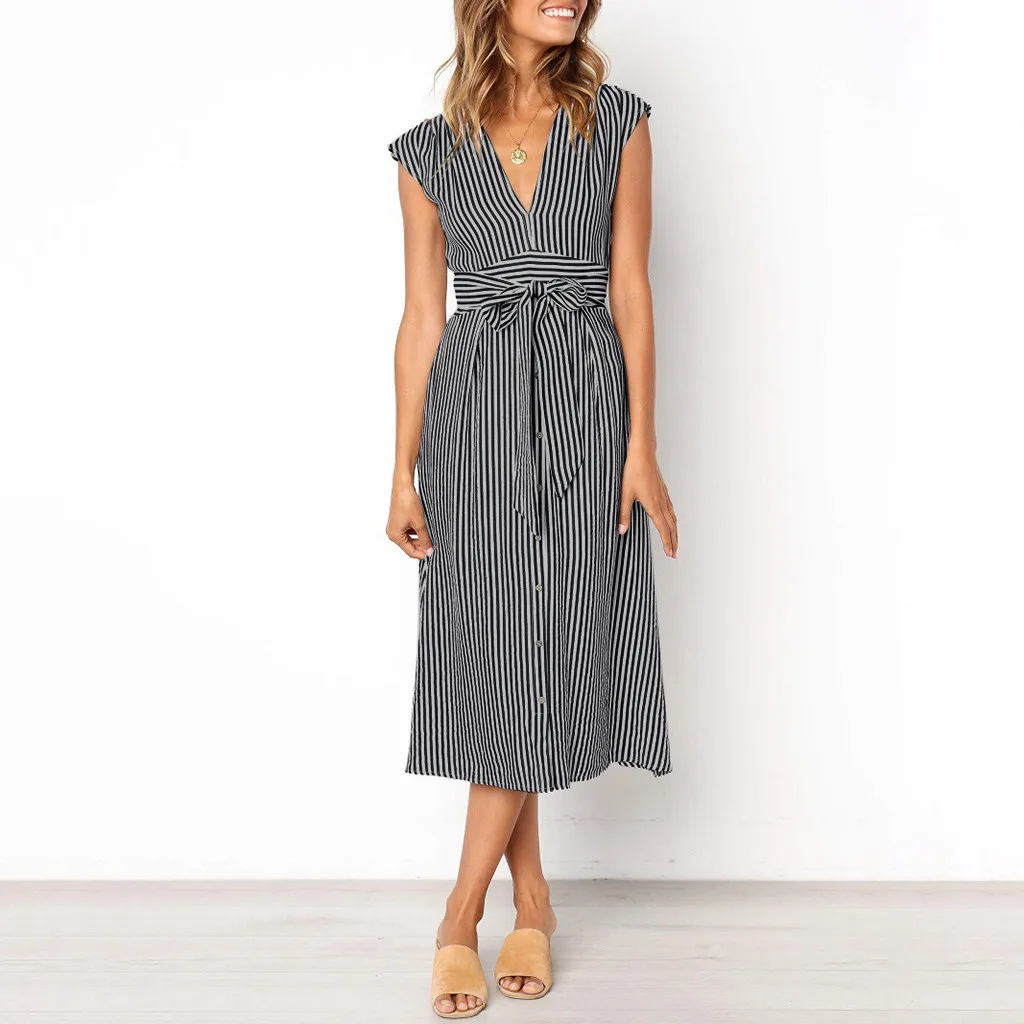 

2019 Women Sexy Stripe Button Backless Dress Evening Party Dress With Belt Sleeveless high quality polyester material new 508
