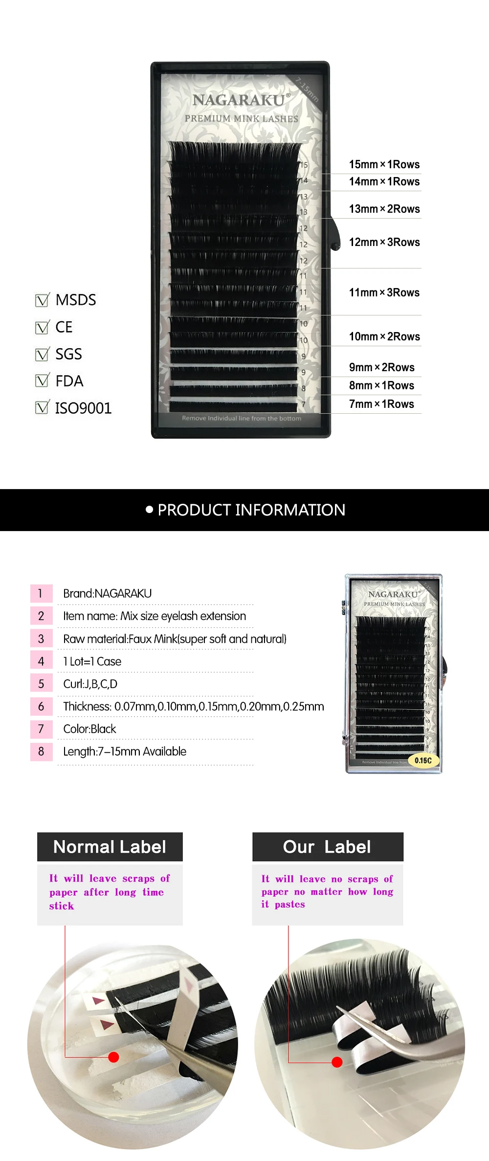 NAGARAKU 15 чехол s/wholesale16rows/Чехол 7~ 15 мм смесь натуральной синтетической норки, индивидуальное наращивание ресниц макияж реснички профессиональный