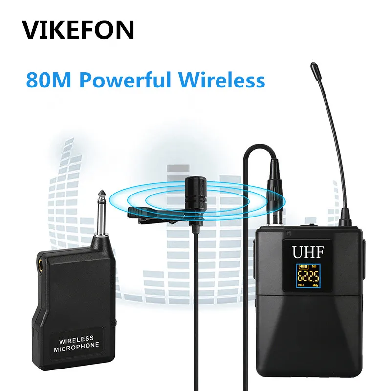 

VIKEFON Professional UHF Wireless Microphone System Lavalier Lapel Mic Receiver + Transmitter for Camcorder Recorder Microphone