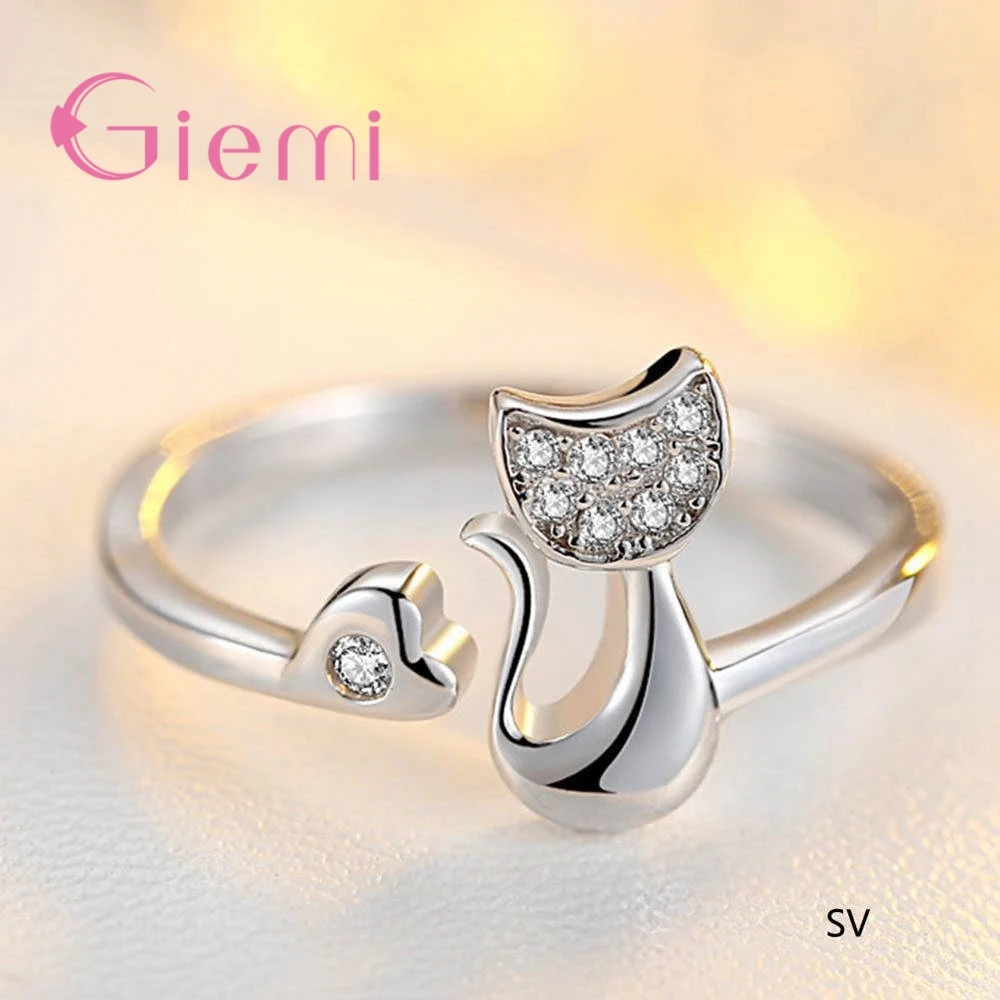 

GIEMI Different Finger Rings Super Shiny Cubic Zirconia Embellishment Two Colours Chic Cat Shape 925 Sterling Silver Opening