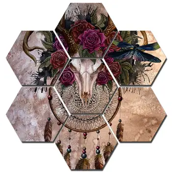

Wall Art Canvas Poster Living Room Prints 7 Pieces Antelope Skull Dreamcatcher Painting Halloween Retro Bone Pictures Home Decor