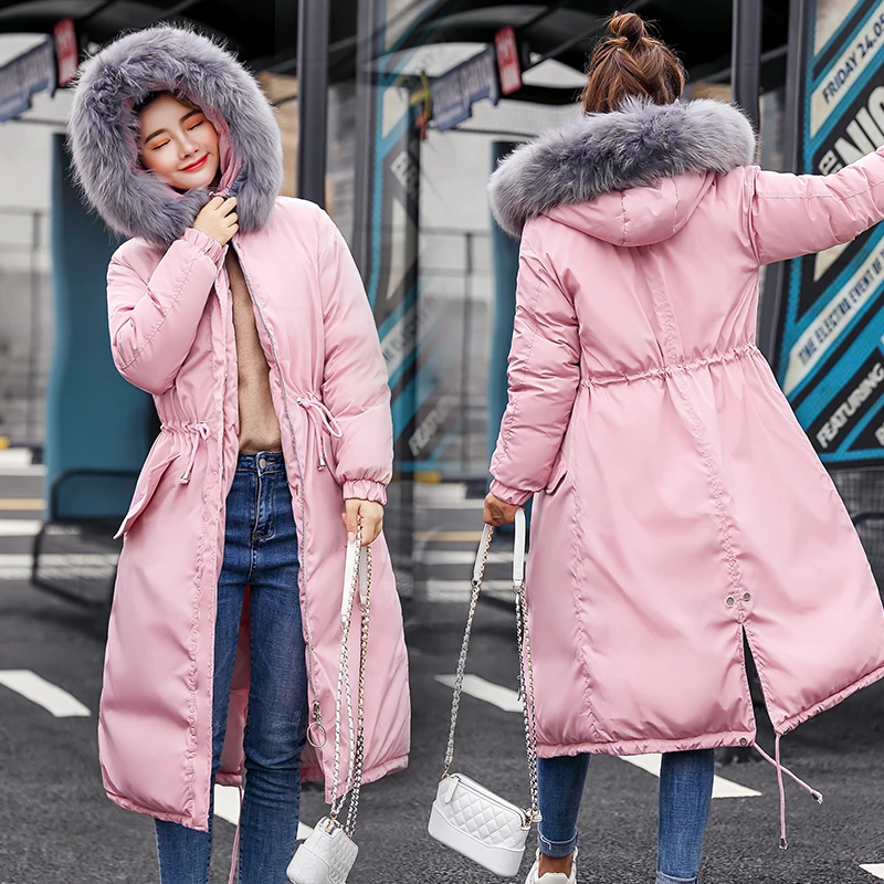 

2018 Long Parkas for women Winter Thicken Warm -25 degrees Pink color hooded outwear jacket Coats plus size M-3XL