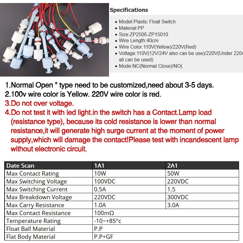 Free Shipping 1 Piece Float Switch Mini Type Poly Propy Water Level Liquid Sensor Normal Close ZP2508-ZP15010