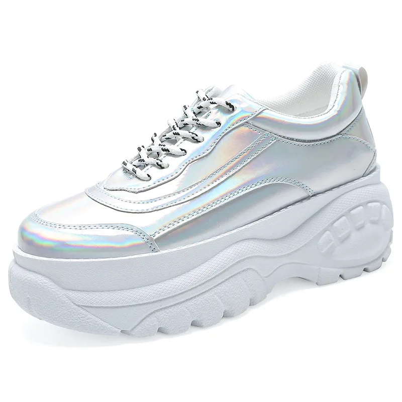 

2019 women's shoes spring new laser bright surface tire bottom casual white shoes women's sports shoes women