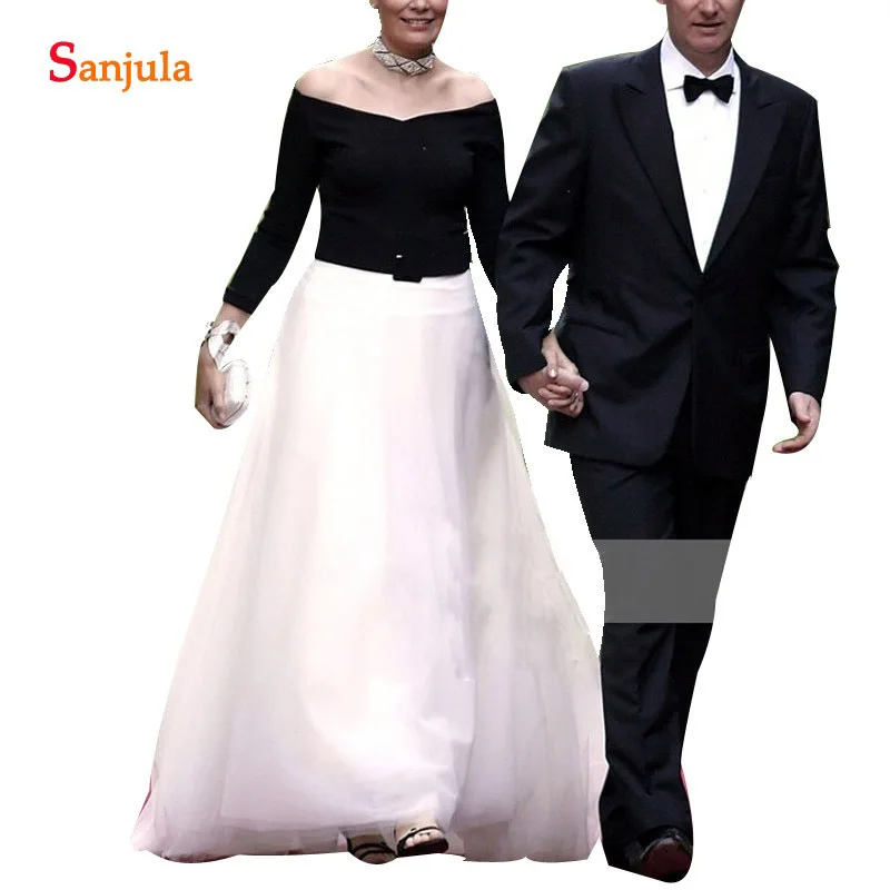 Wit Zwart Moeder Van De Bruid Jurk Formele Lange Mouwen A-lijn Off Shoulder Wedding Partij Jassen Floor Lengte Tulle Robe MY30 Wit Zwart Moeder Van De Bruid Jurk Formele Lange Mouwen A-lijn Off Shoulder Wedding Partij Jassen Floor Lengte Tulle Robe MY30
