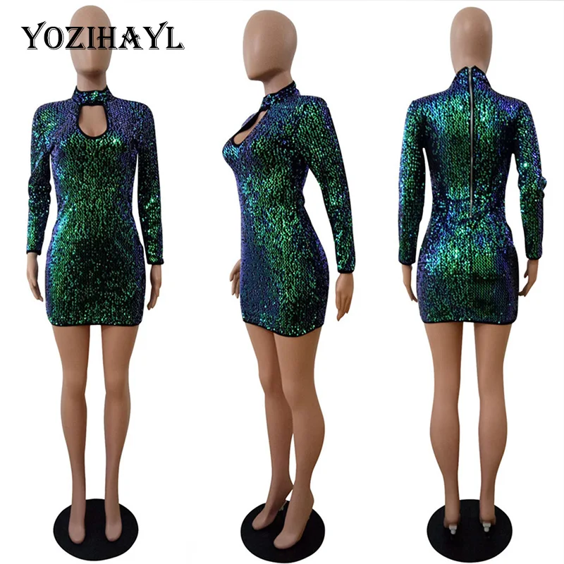 Yozihayl, сексуальные платья с v-образным вырезом, роскошные, с блестками, женские вечерние платья, Клубная одежда, с блестками, Короткое мини-платье с длинным рукавом, Открытое Спереди Платье