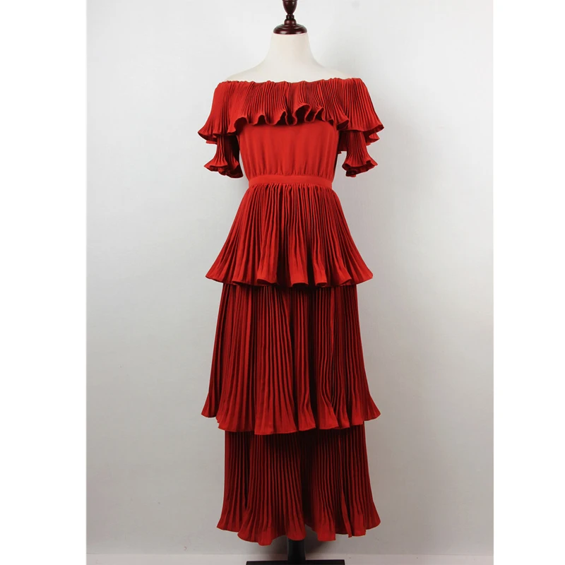 Plissée Manches Haute Élégante 2018 Vocation Longue Qualité Robes Casual Robe Rouge Femme Couleur Partie Ruches Pétale Sexy dIqwq0
