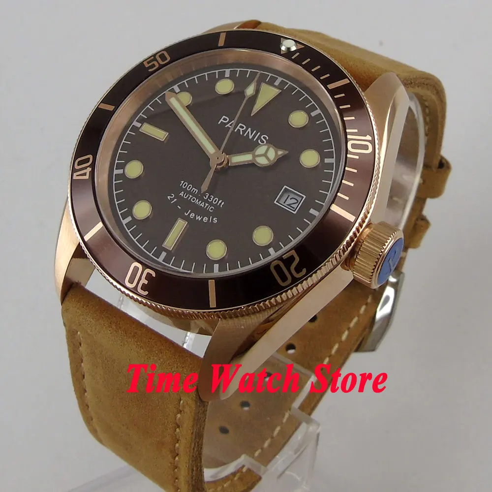  41mm PARNIS fashion style men's watch golden case sapphire glass brown dial luminous 21 jewels MIYO