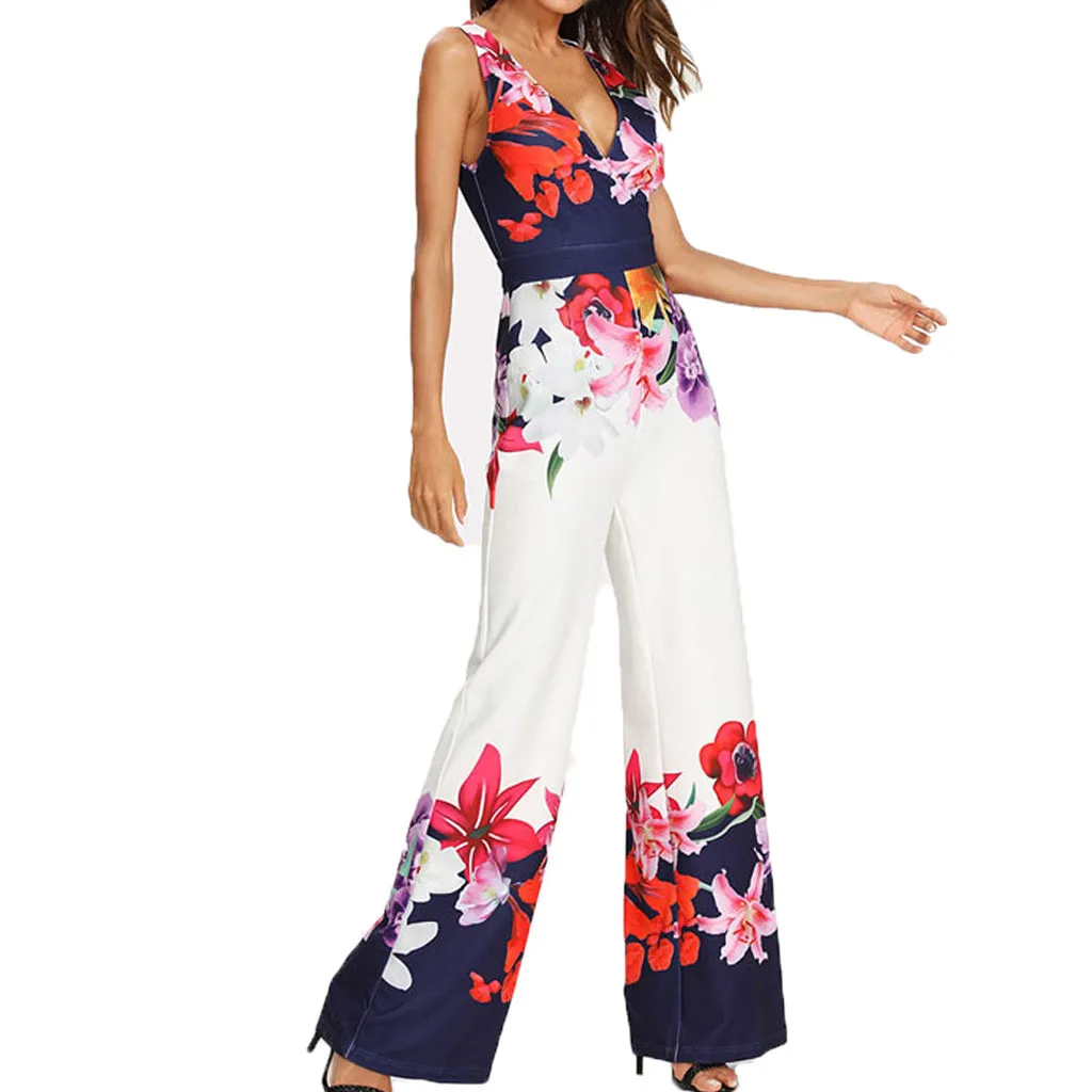

Ladies' Loose Floral Sleeveless Long Jumpsuit Elegant Women's Rompers Summer Wide Leg Pants Monos Largos Mujer Pantalon Largo 1#