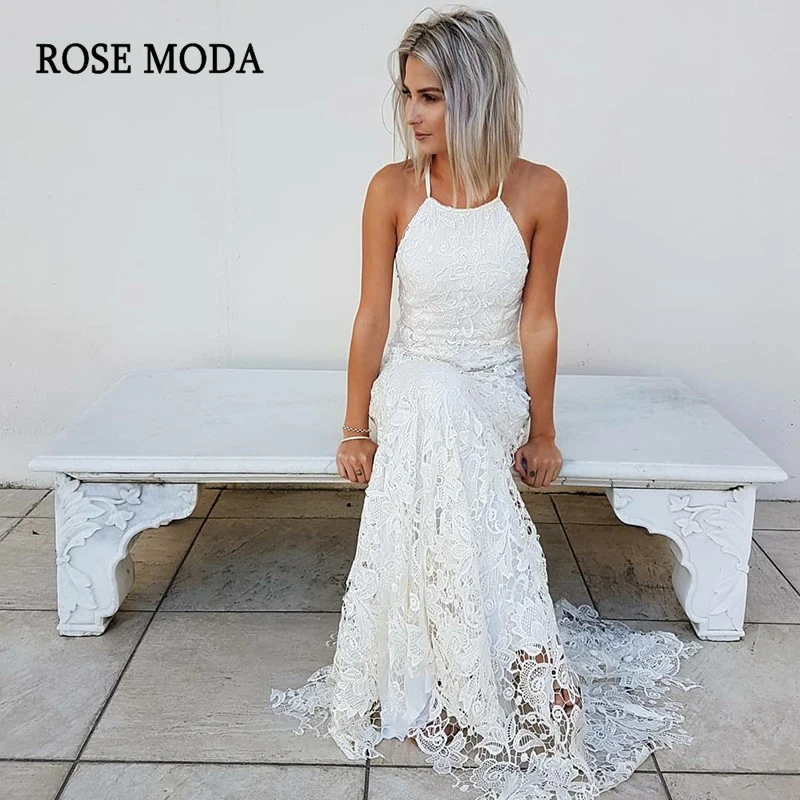 Rose Moda Backless Lace Boho Wedding Dress 2019 Halter ...