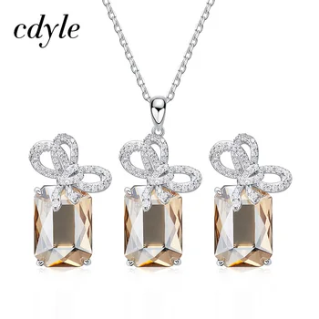 

Cdyle Embellished with crystal 925 Silver Twining Bowknot Jewelry Set Crystal Necklace&Earrings for Women