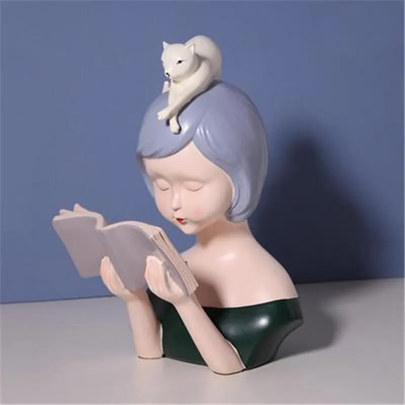  European Style Cute Read Book Girl Half-Length Portrait Resin Sculpture Craftwork Bedroom Bedside T - 4000014760475