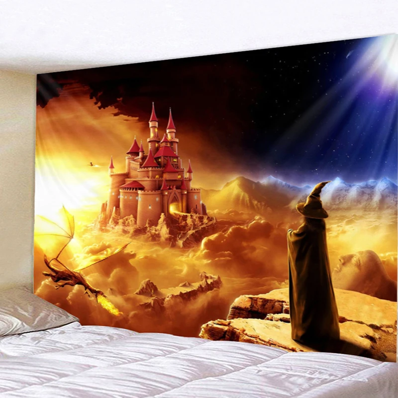 

Mysterious Sorcerer Castle Dragon Landscape Wallpaper Art Large New Arrival Indian Mandala Tapestry Wall Hanging