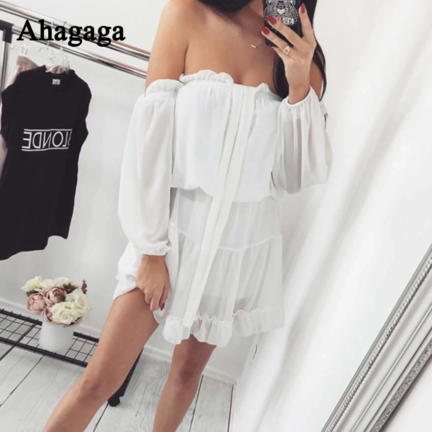 

Ahagaga 2019 Summer Chiffon Dress Women Fashion Solid White Bow Regular Slash Neck Sexy Club Loose Dress Women Dresses Vestidos