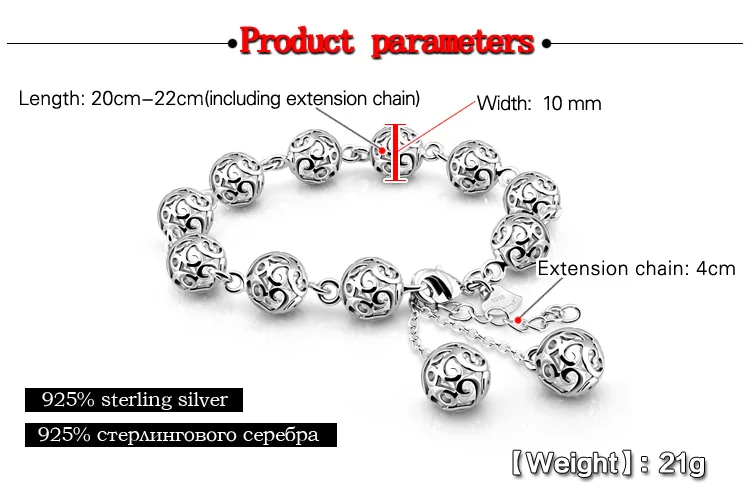 Модный дизайн, Стерлинговое Серебро 925 пробы, женский полый браслет, очаровательный женский чистый серебряный браслет из бусин, серебряные ювелирные изделия, подарок