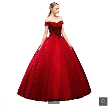 

2019 new arrival red ball gown heavily beading princess puffy prom dress off the shoulder v neck corset puffy prom gowns 2019