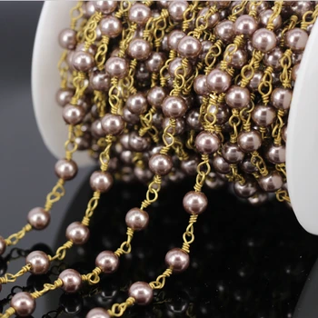 

5Meter Glass Pearl Smooth Round Bead Link Rosary Chain,plated Gold Wire Wrapped Chain Necklace Fashion Jewelry Findings