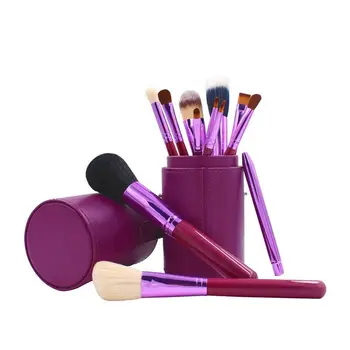 

12pcs professional soft synthetic hair cosmetic brush set wooden handle brushes mascara wands PU barrels in makeup