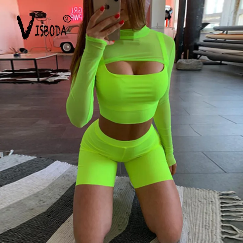 

Women Fitness 3 Pieces Sets Sexy Mesh Tank Shorts Tracksuit Fashion 2019 Summer Ladies Neon Green Cropped Top Pants Workout Sets
