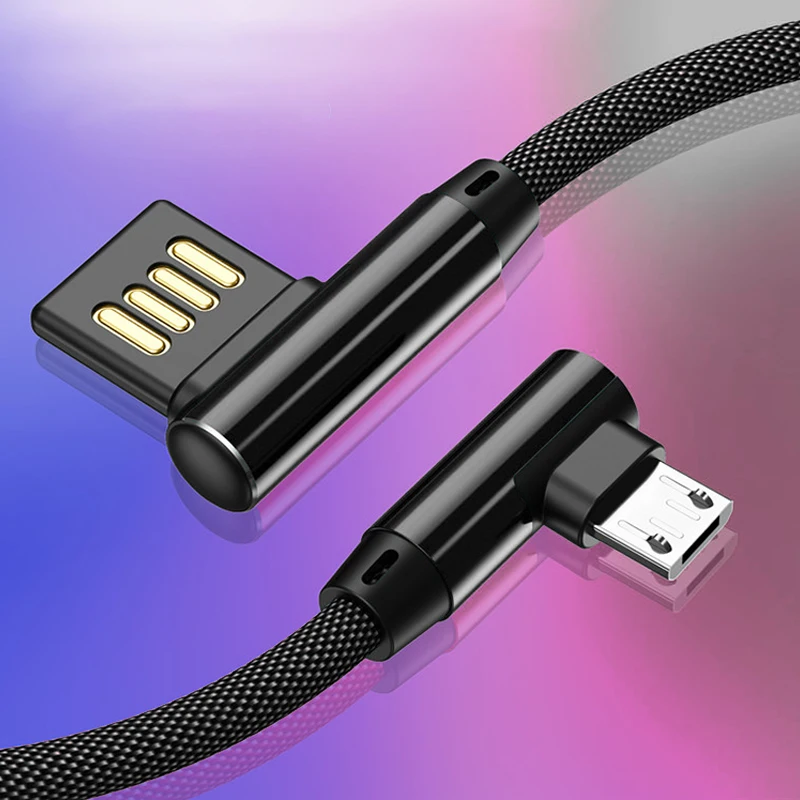 Micro USB кабель 2A быстрое зарядное устройство USB шнур 90 градусов локоть нейлон плетеный кабель для передачи данных для samsung Xiaomi huawei Honor Android телефон - Цвет: Черный