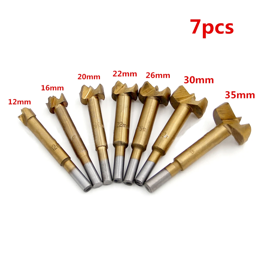 

7pcs Titanium Coating Carpentry Hole Opener Punch Bit Wood Cutting Tool Round Shank Flat Wing Bore Reaming Hinge 12mm-35mm
