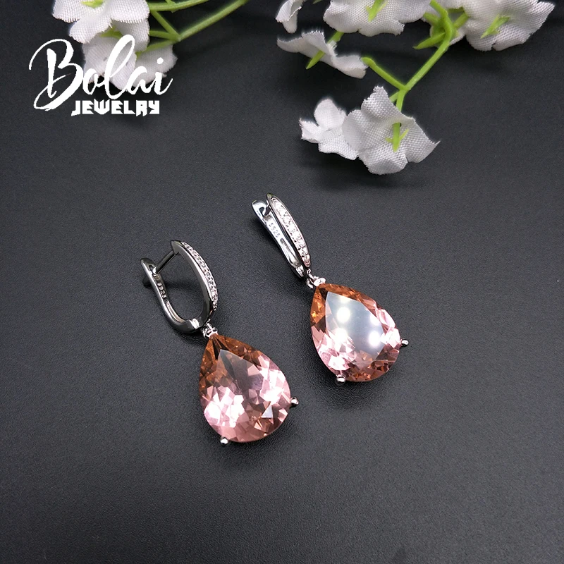 

Bolai elegant pink nano morganite dangle earrings 925 sterling silver gemstone fine jewelry teardrop earrings for women wedding