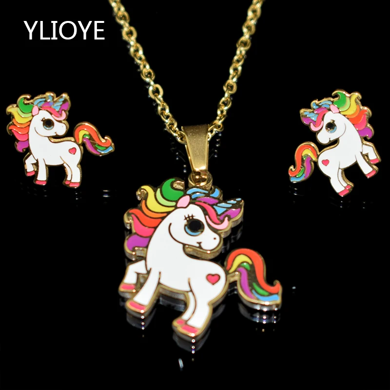 

Cartoon Animal Rainbow Unicorn Stainless Steel 100% Golden Plated Necklace Earrings Set 6 Patterns Woman, Man, Child Jewelry Set