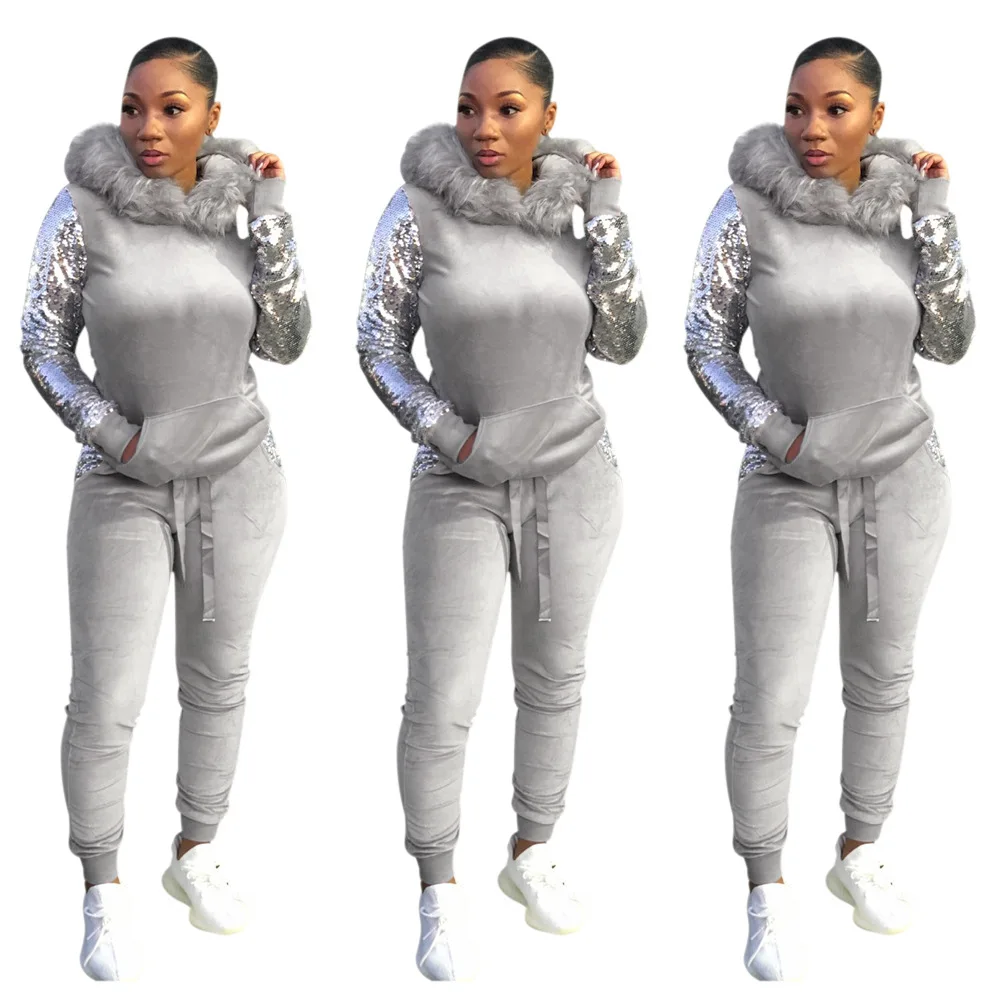 

4 COLORS Fashion Sexy Women Casual Long Sleeve Plush Hat Sequin Straps Slim Two Piece Nightclub Suits Casual Party Tracksuit XXL