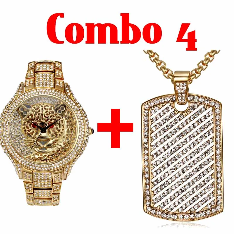 Хип хоп Iced Out Полный AAA кубический цирконий Тигр Роскошные мужские часы крест и череп и глаз Provi Dence кристалл кулон комбо набор - Окраска металла: combo 4