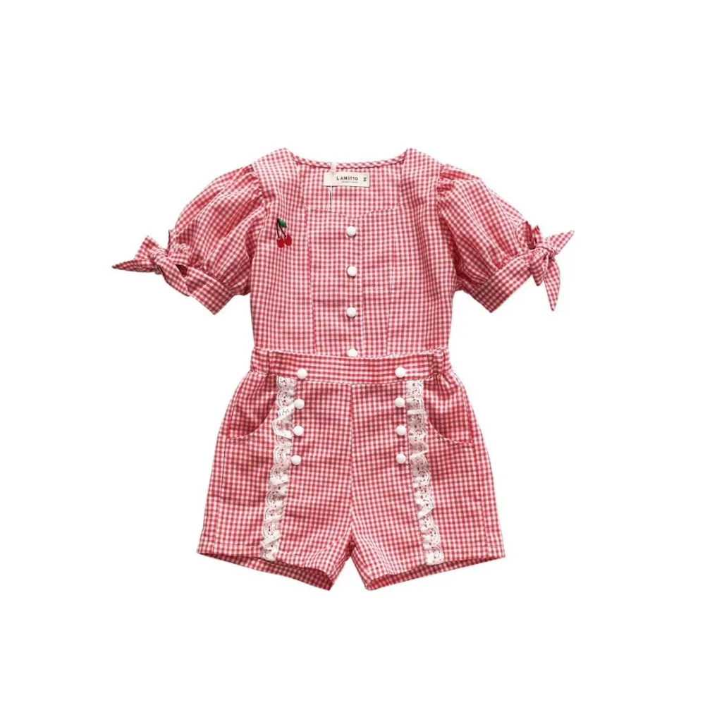 

Kids Girls short sets cherry embroidered plaid girls clothing outfit boutique baby clothes