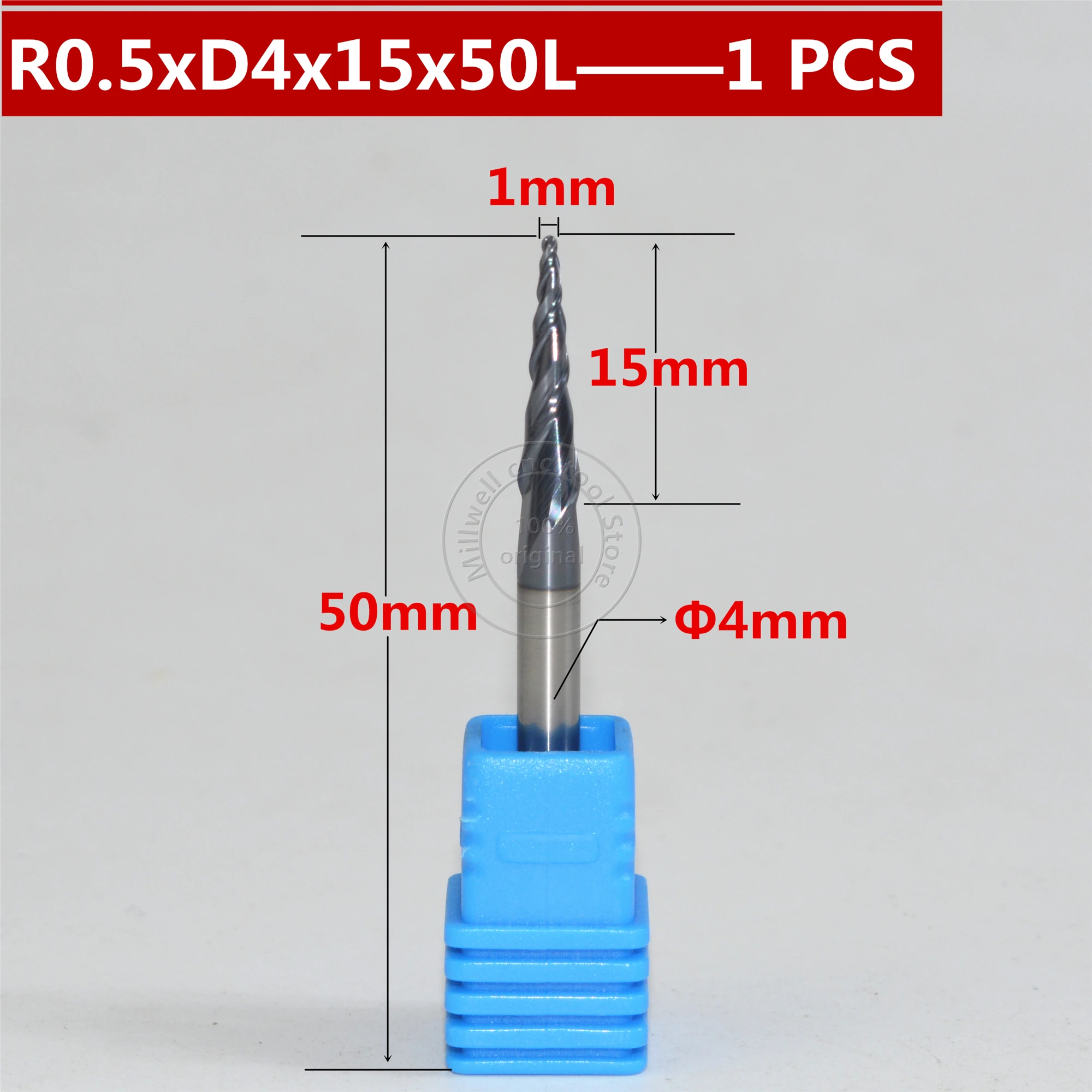 Бесплатная shipping 1PCS R0.5 * D4 15 50L 2F HRC55 твердосплавные конические концевые фрезы с